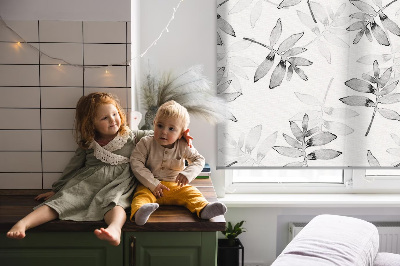 Roller blind for large window Gray sketched leaves