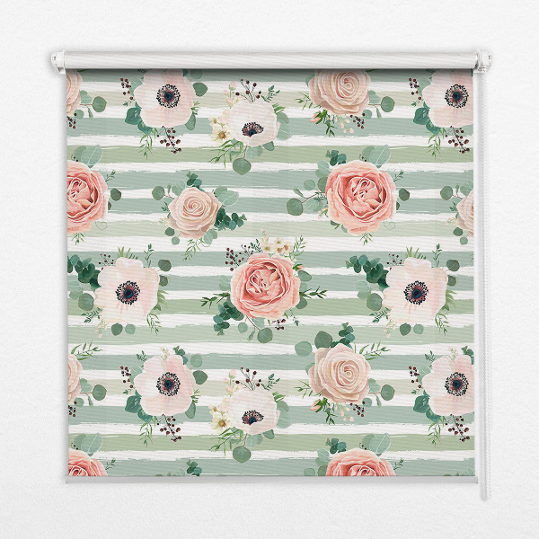 Modern roller blind Roses on green horizontal stripes