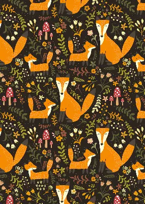 Fabric roller blind with foxes and plants pattern