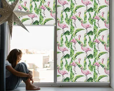 Roller blind for large window Flamingos by the leaves design