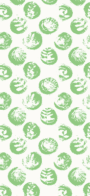 Fabric roller blind with plants reflected on green circles pattern