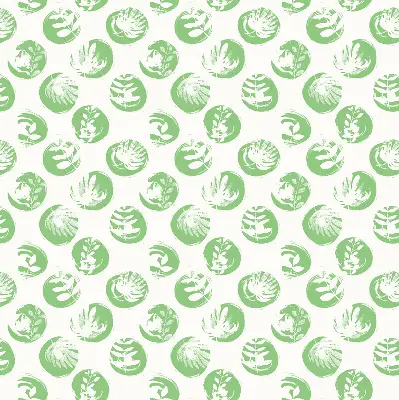 Fabric roller blind with plants reflected on green circles pattern