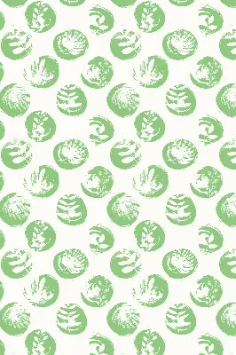 Fabric roller blind with plants reflected on green circles pattern