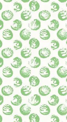 Fabric roller blind with plants reflected on green circles pattern