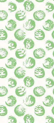 Fabric roller blind with plants reflected on green circles pattern