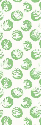 Fabric roller blind with plants reflected on green circles pattern