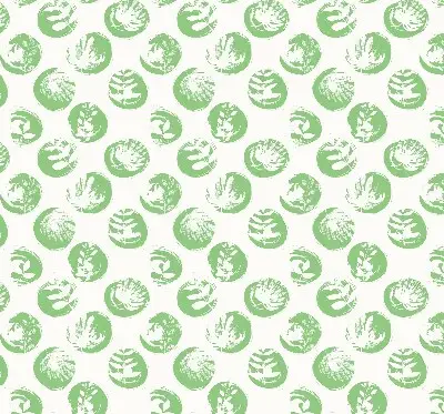 Fabric roller blind with plants reflected on green circles pattern