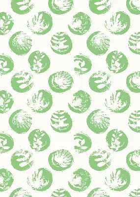 Fabric roller blind with plants reflected on green circles pattern