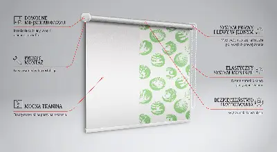 Fabric roller blind with plants reflected on green circles pattern