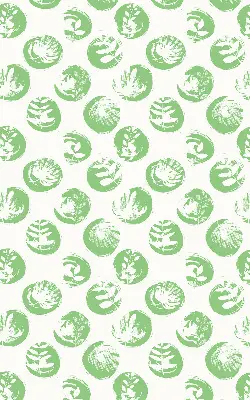 Fabric roller blind with plants reflected on green circles pattern