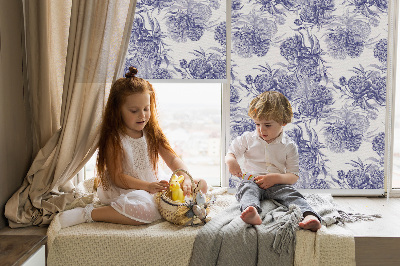 Roller blind for large window blue bouquet pattern
