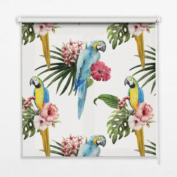 Roller blind for large window with a parrot on flowers print