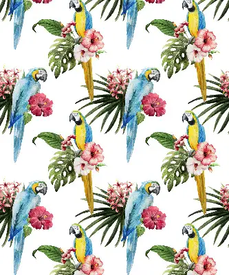 Roller blind for large window with a parrot on flowers print