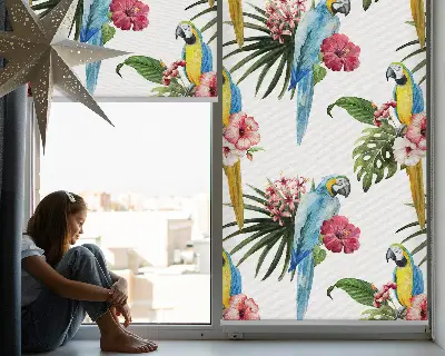 Roller blind for large window with a parrot on flowers print