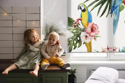 Roller blind for large window with a parrot on flowers print