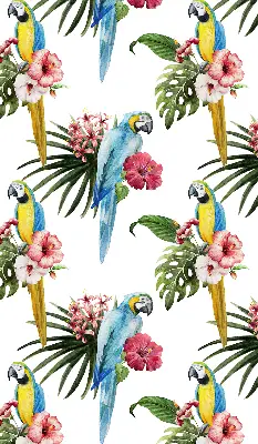 Roller blind for large window with a parrot on flowers print