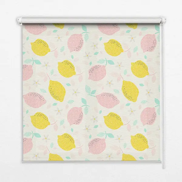 Roller blind for large window with pink and yellow lemon print