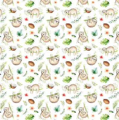 Fabric roller blind with a sloths and plants pattern