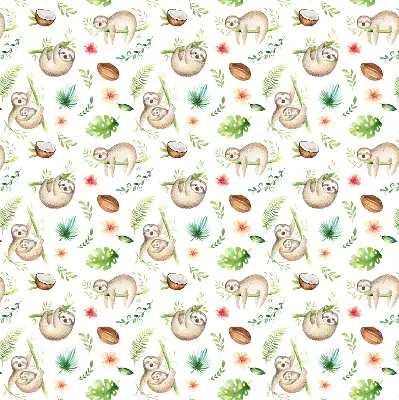 Fabric roller blind with a sloths and plants pattern