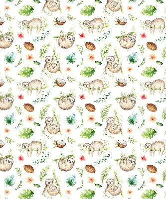 Fabric roller blind with a sloths and plants pattern