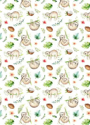 Fabric roller blind with a sloths and plants pattern