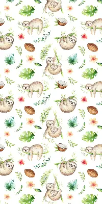 Fabric roller blind with a sloths and plants pattern