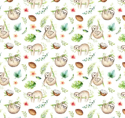 Fabric roller blind with a sloths and plants pattern