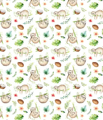 Fabric roller blind with a sloths and plants pattern