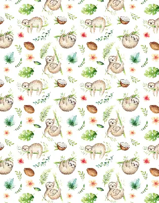 Fabric roller blind with a sloths and plants pattern