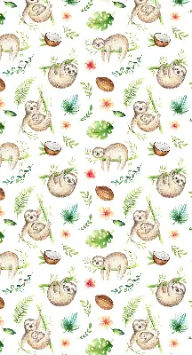 Fabric roller blind with a sloths and plants pattern