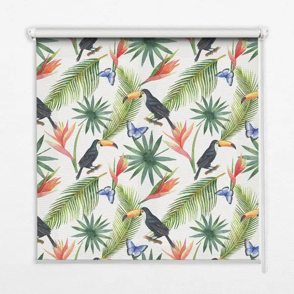 Fabric roller blind with a toucans on flowers print
