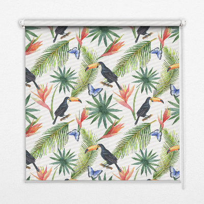 Fabric roller blind with a toucans on flowers print
