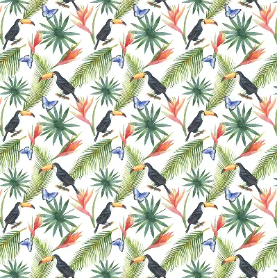 Fabric roller blind with a toucans on flowers print