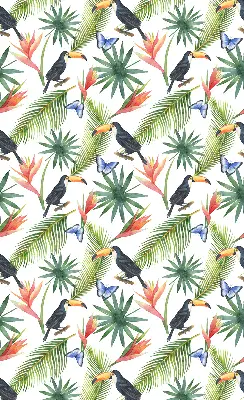 Fabric roller blind with a toucans on flowers print