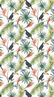 Fabric roller blind with a toucans on flowers print