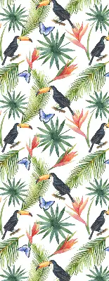 Fabric roller blind with a toucans on flowers print