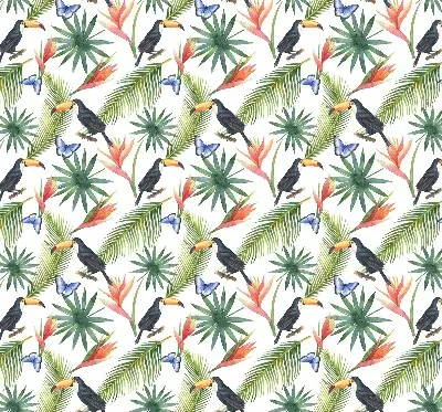 Fabric roller blind with a toucans on flowers print