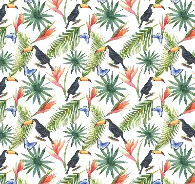 Fabric roller blind with a toucans on flowers print