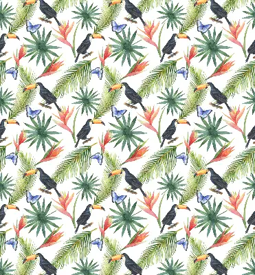 Fabric roller blind with a toucans on flowers print