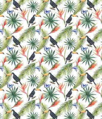 Fabric roller blind with a toucans on flowers print