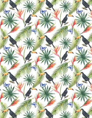 Fabric roller blind with a toucans on flowers print