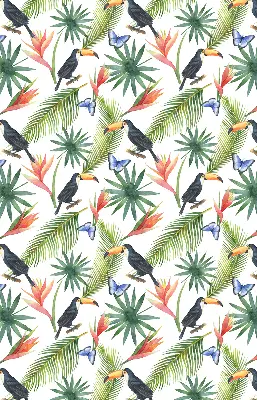 Fabric roller blind with a toucans on flowers print