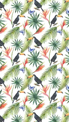 Fabric roller blind with a toucans on flowers print