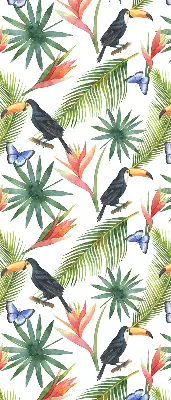 Fabric roller blind with a toucans on flowers print