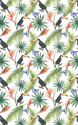 Fabric roller blind with a toucans on flowers print