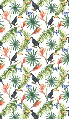 Fabric roller blind with a toucans on flowers print