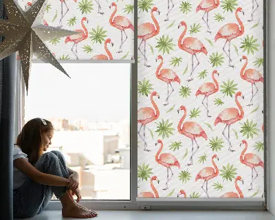 Roller blind for large window with flamingo and leaves print