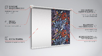 Fabric roller blind with dark leaves and rowan print