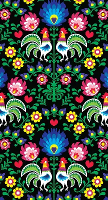Roller blind for large window with a colorful rooster pattern