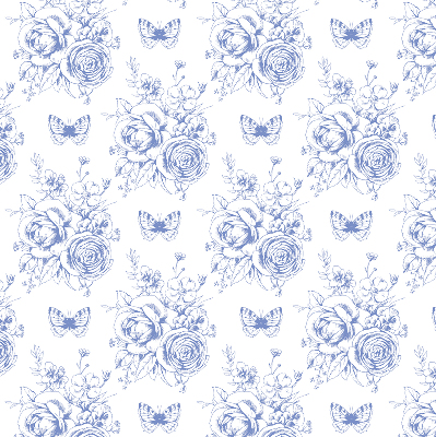 Fabric roller blind with blue flowers and butterflies